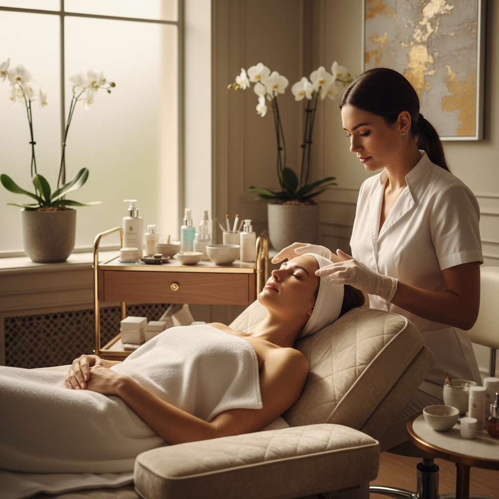 Femme recevant un soin du visage dans un salon luxueux
